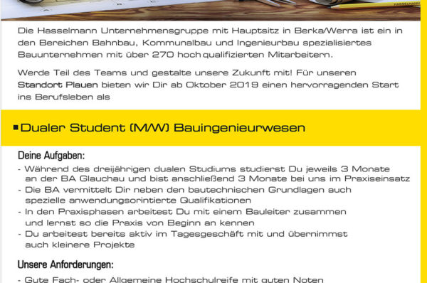 Dualer Student m/w im Bauingenieurwesen gesucht