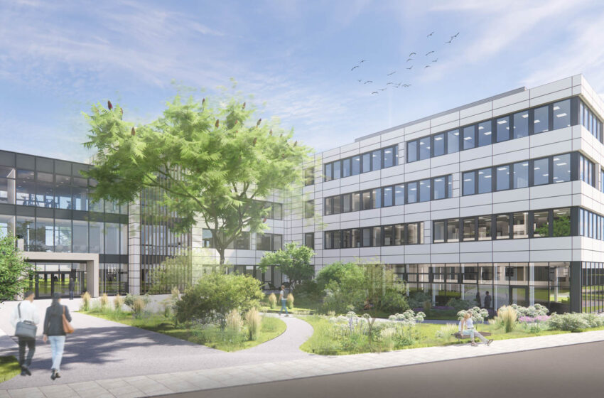 Goldbeck erweitert seinen Standort in Treuen: Eine neue Produktionshalle wurde bereits im Juli fertiggestellt. Bis Herbst 2024 entsteht ein neues Bürogebäude. Visualisierung: Goldbeck