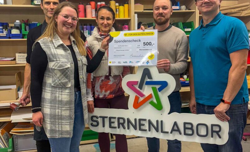 Veit Larisch, Teil des Art Collectivs und Mitglied im Sternenlabor; Lena Schaller vom Dachverband Stadtmarketing Plauen e.V.; Catharina Schubert vom inmotio Therapiezentrum; André Fiedler und Felix Eckner, zwei der drei Vorstände des Sternenlabor e.V. (von links). Foto: Dachverband Stadtmarketing Plauen