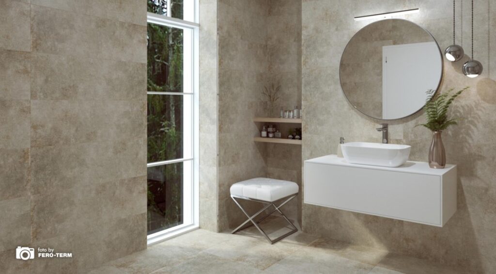 Zeitloses Design der Fliesen im Badezimmer. Foto: Fero-Term
