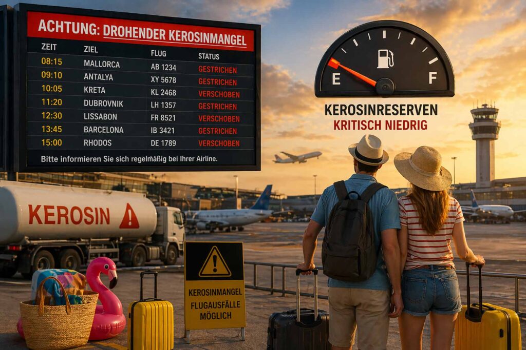 erbraucherzentrale warnt: Kerosinengpässe und gestrichene Flüge können für Passagiere weitreichende Folgen haben. Foto: KI-unterstützt