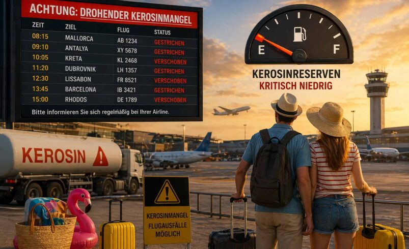 erbraucherzentrale warnt: Kerosinengpässe und gestrichene Flüge können für Passagiere weitreichende Folgen haben. Foto: KI-unterstützt