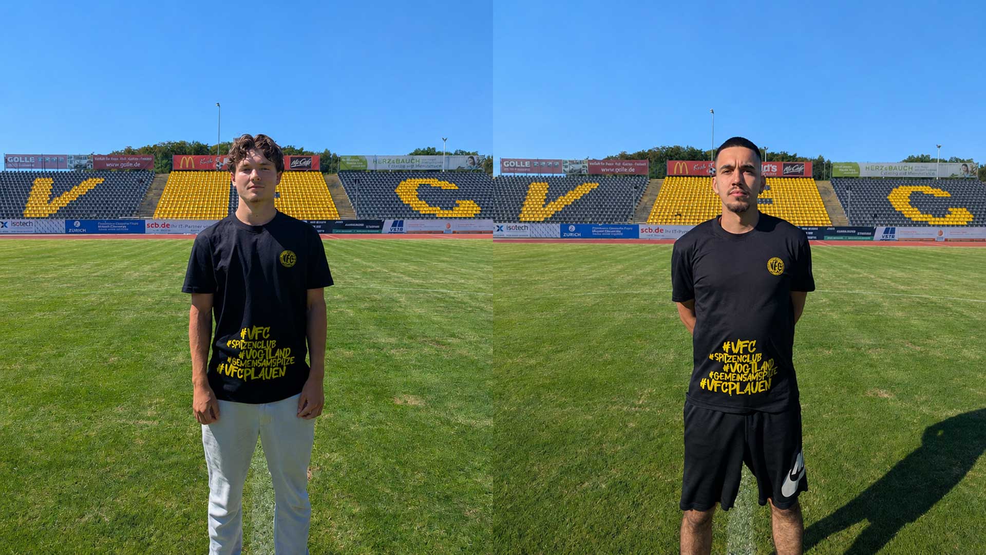 VFC Plauen-Neuzugänge Pepe Pharell Philipp und Stefan Cvetkovic stehen auf dem Rasen im Vogtlandstadion